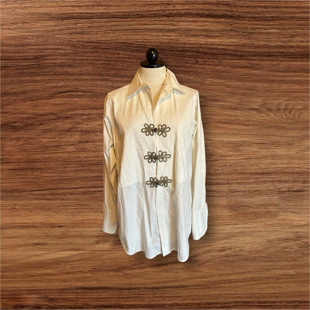 Soft Surroundings Vintage S Blouse White Collared Tunic Gold Scroll Closures